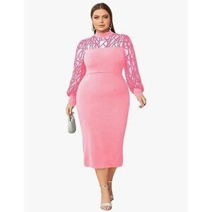 NEW Pink Spring Midi Plus Size Mesh Bishop Long Sleeve Dress 2x